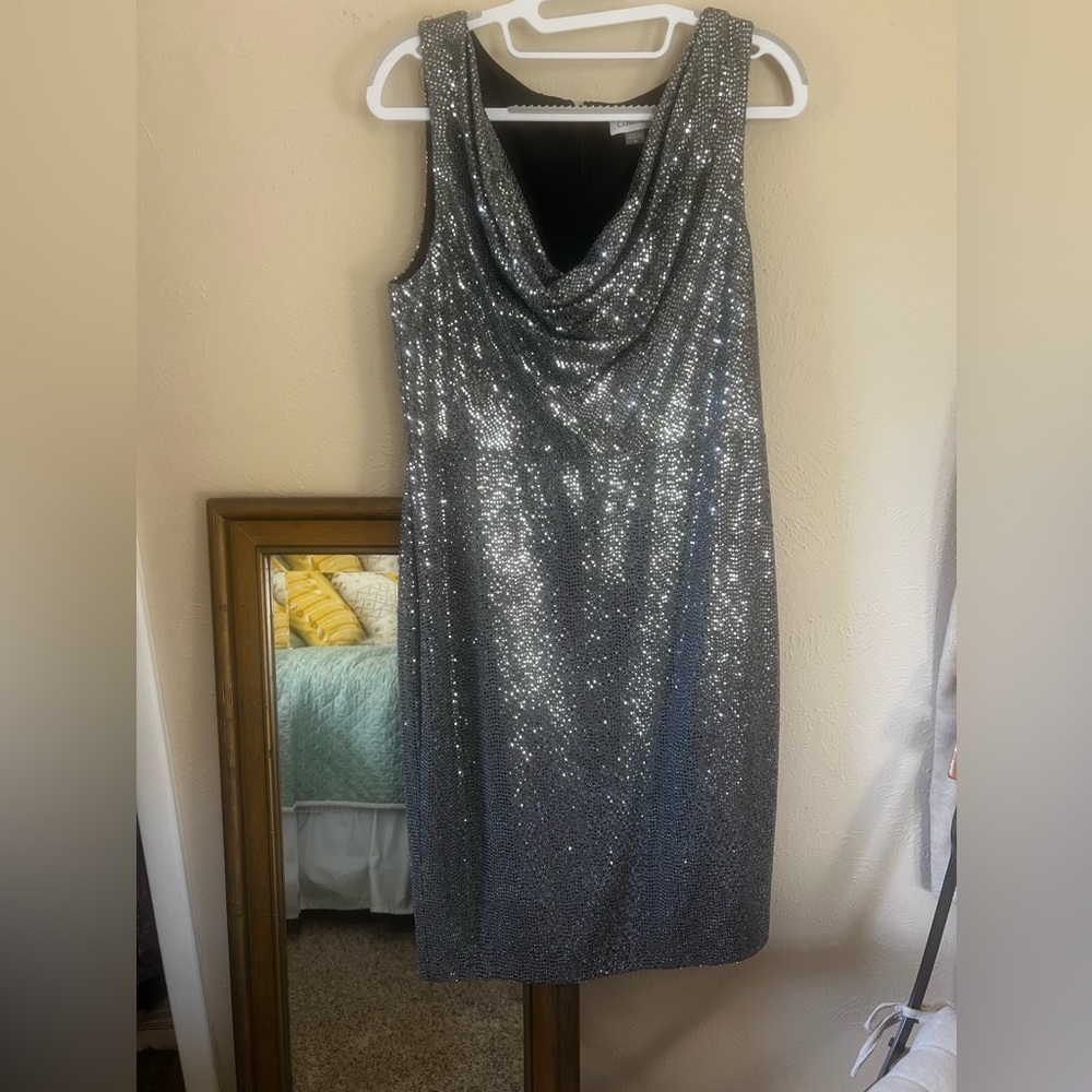 Calvin Klein silver shimmery cocktail or party dress.